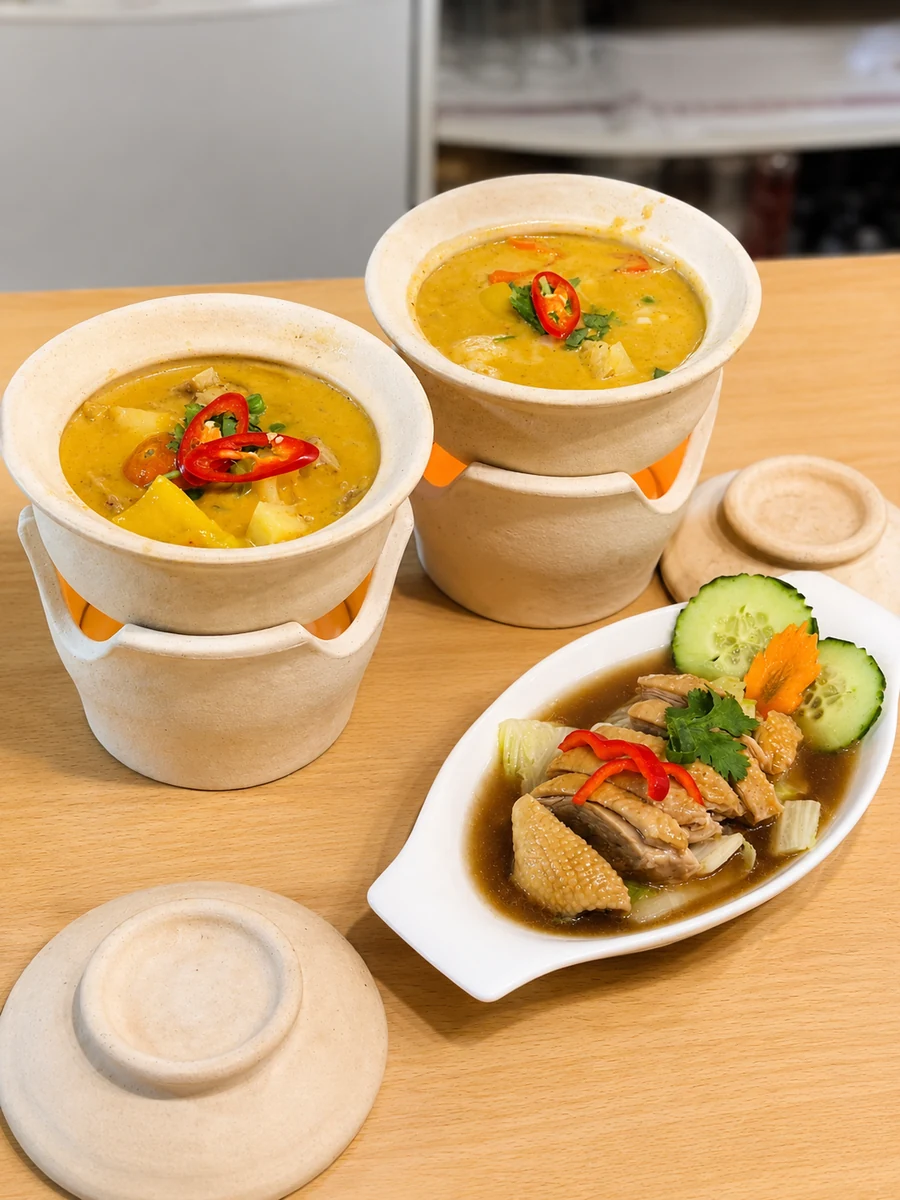 Two Thai Garden curries served in traditional warming pots