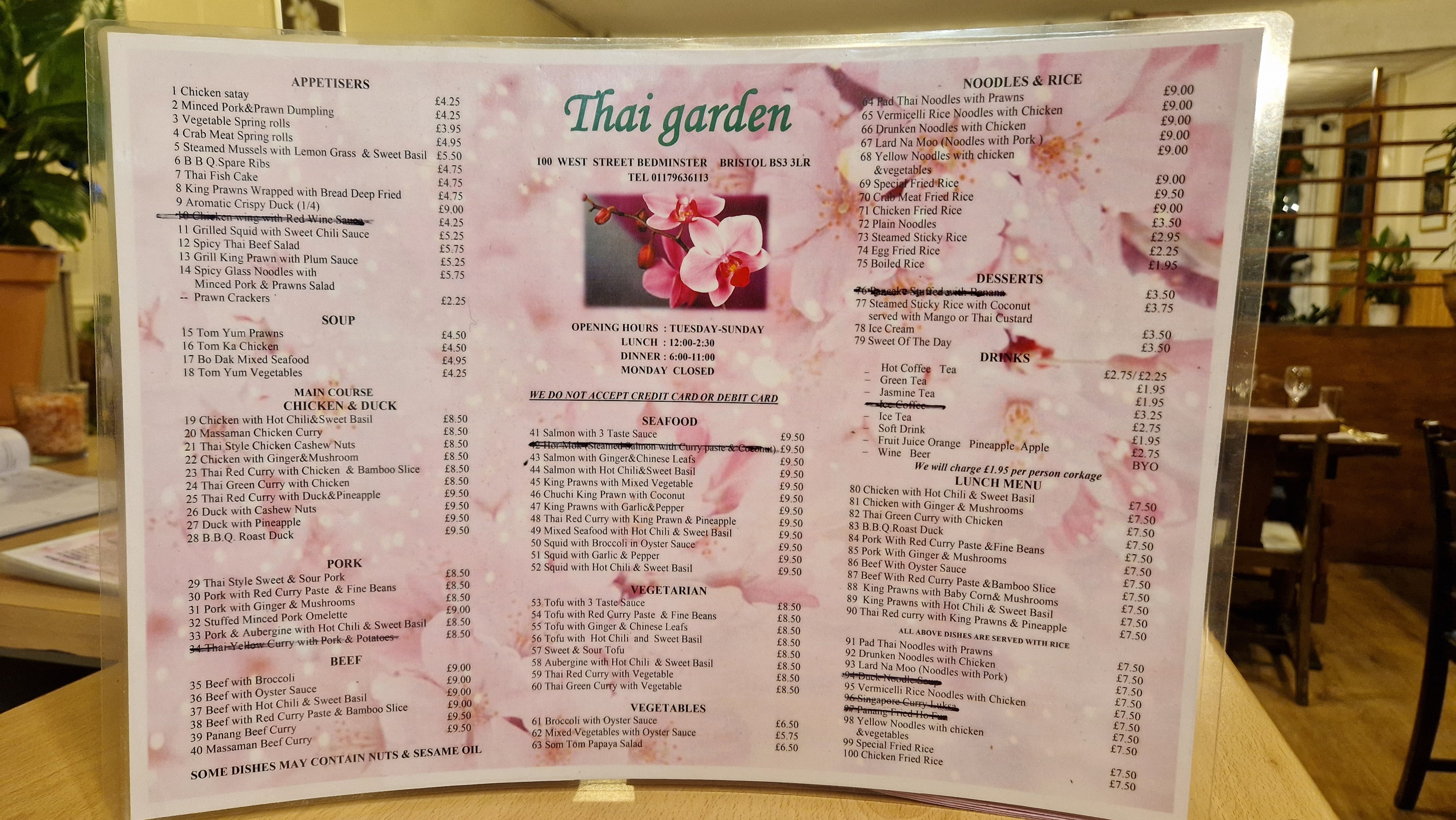 Photograph of the full Thai Garden menu