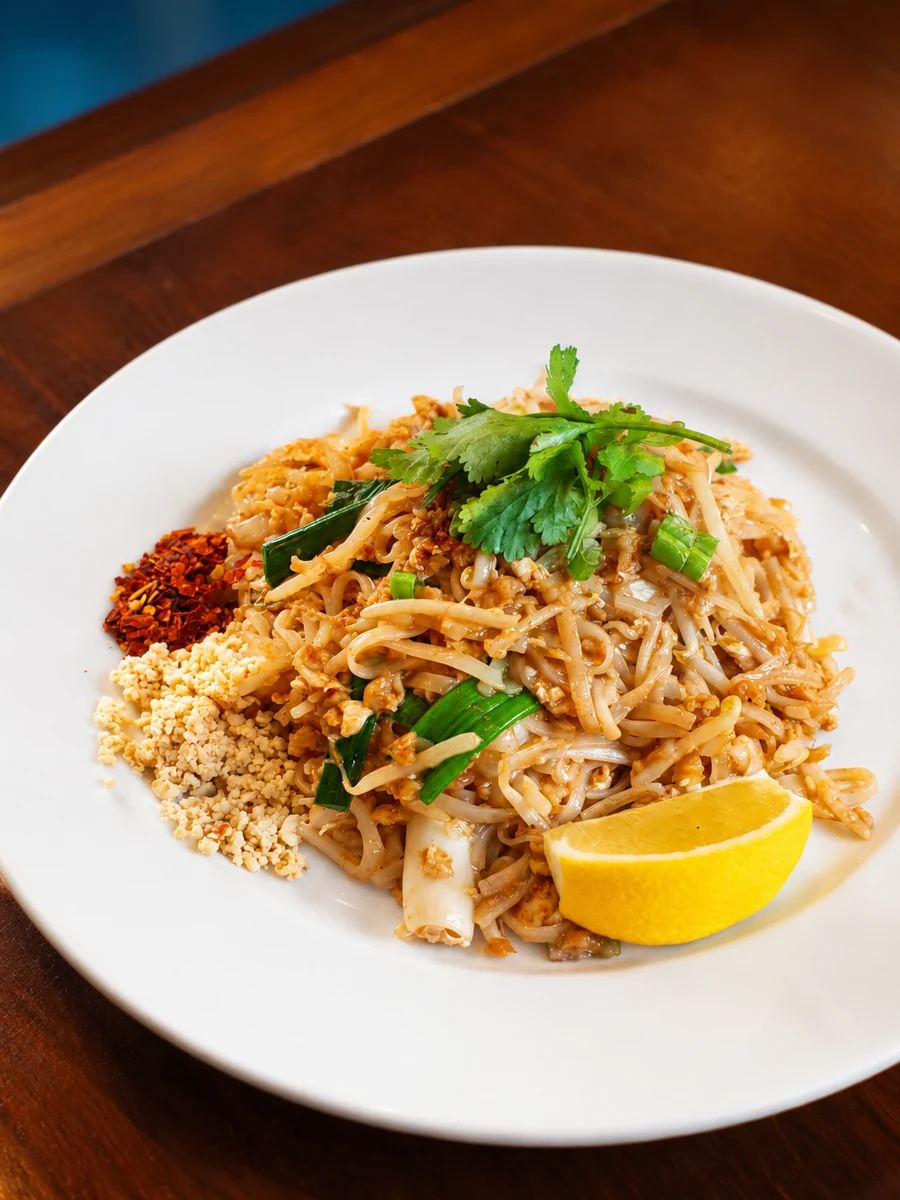 Plate of Pad Thai with prawns, peanuts and lemon